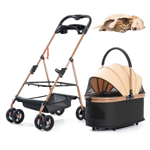 RUYICZB Haustier-Kinderwagen 3 in 1, Hunde-Kinderwagen mit Abnehmbarer Tragetasche und Aufbewahrungskorb, 4 Räder, zusammenklappbarer Haustier-Katzen-Kinderwagen,Khaki Black von RUYICZB