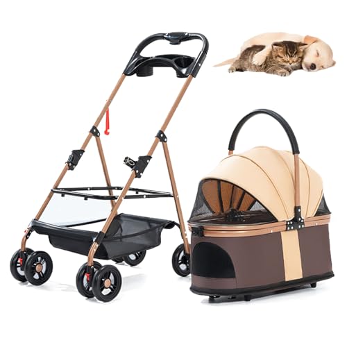 RUYICZB Haustier-Kinderwagen 3 in 1, Hunde-Kinderwagen mit Abnehmbarer Tragetasche und Aufbewahrungskorb, 4 Räder, zusammenklappbarer Haustier-Katzen-Kinderwagen,Khaki Brown von RUYICZB