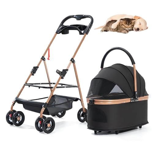 RUYICZB Haustier-Kinderwagen 3 in 1, Hunde-Kinderwagen mit Abnehmbarer Tragetasche und Aufbewahrungskorb, 4 Räder, zusammenklappbarer Haustier-Katzen-Kinderwagen,Schwarz von RUYICZB