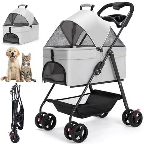 RUYICZB Haustier-Kinderwagen Mit 4 Rädern, Faltbare Hundebuggy Für Kleine/Mittelgroße Hunde, Katzen Bis Zu 15Kg, Abnehmbare Haustiertasche, Aufbewahrungskorb, 3-In-1-Multifunktional von RUYICZB