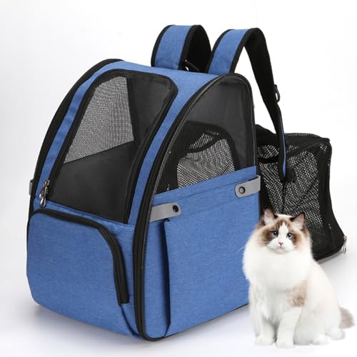 RUYICZB Haustier Rucksüke Für Hund Und Katzen Mit Front Opening-Mesh Fenstertaschen, Tragbare Und Erweiterbare Outdoor Faltbarer Raum Tragetasche, Katzentasche Maximale Last 6Kg,Blau von RUYICZB