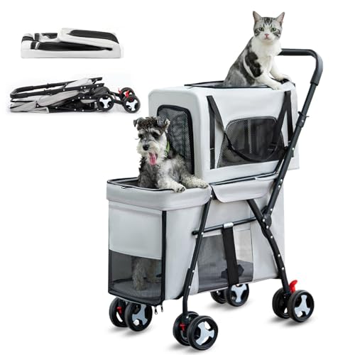 RUYICZB Hochwertiger doppellagiger Hundekinderwagen für Zwei Katzen oder Hunde, leicht zusammenklappbarer Hunde-/Katzenbuggy mit Abnehmbarer Transportbox,Grau von RUYICZB