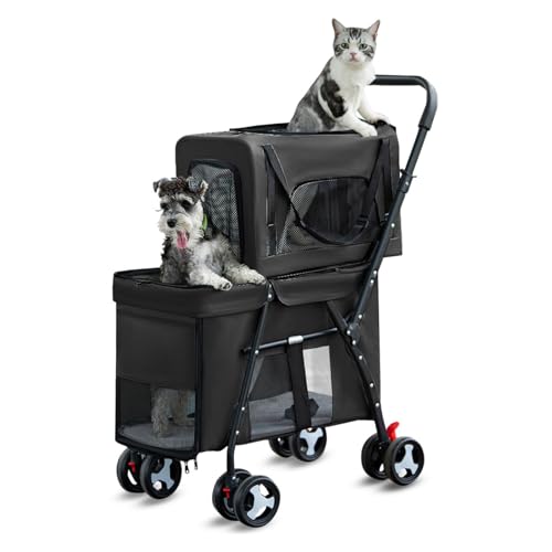 RUYICZB Hochwertiger doppellagiger Hundekinderwagen für Zwei Katzen oder Hunde, leicht zusammenklappbarer Hunde-/Katzenbuggy mit Abnehmbarer Transportbox,Schwarz von RUYICZB