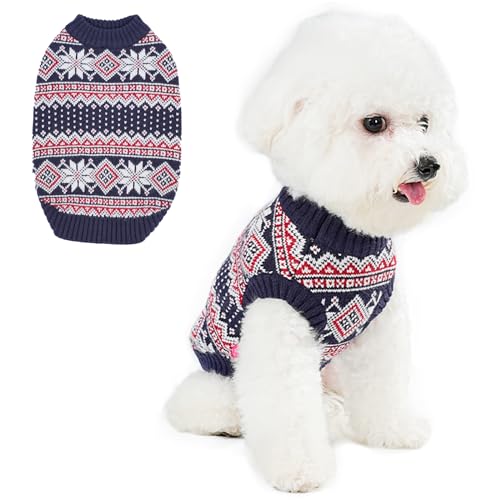 RUYICZB Hund Weihnachtspullover, Schneeflocke Xmas Urlaub Hund Outfit Chihuahua Pullover Bis Mittelgroße Hunde, Gestrickte Haustier Pullover Weste Kleidung Für Hunde Mädchen Jungen,Blau,XL von RUYICZB