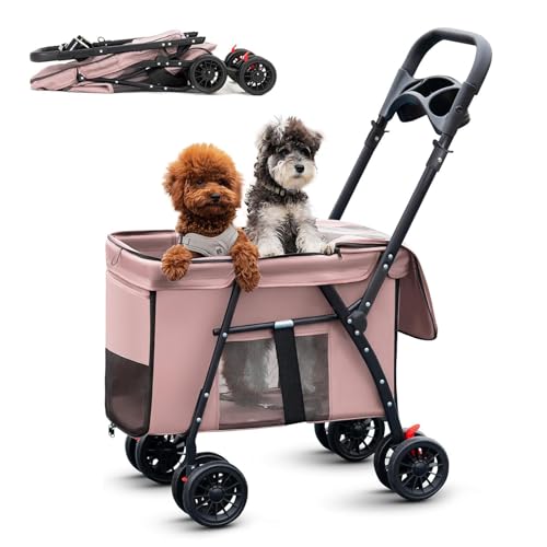 RUYICZB Hunde-/Katzenkäfig-Jogging-Kinderwagen, EIN-klick-Klappdesign, 4-Rad-Haustier-Kinderwagen mit atmungsaktivem Netz und Oberlicht,Rosa von RUYICZB