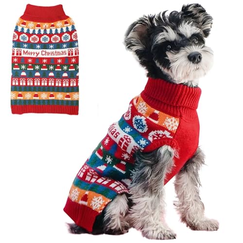 RUYICZB Hunde-Weihnachtspullover, Kabelstrick-Hundepullover Rollkragen, Weicher Hundestrickpullover Für Kleine Hunde Katze Mädchen Junge, Warme Kleidung Klassische Schneeflocken-Muster,XXL von RUYICZB