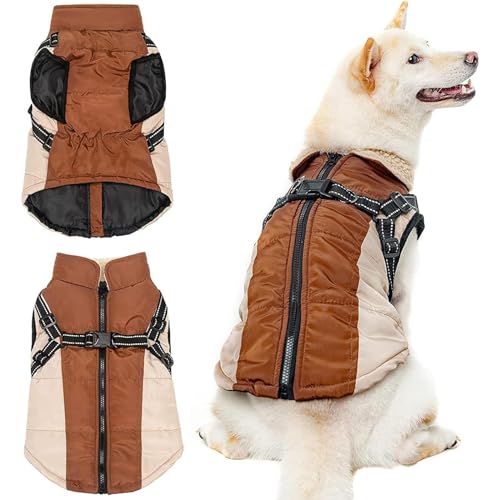 RUYICZB Hunde Wintermantel Winterjacke, Hundejacke Mit Geschirr Reißverschluss Reflektierender Haustier Weste Winddichter Wasserdichter Warmer Hundemantel Für Mittlere Große Hunde,Khaki,S von RUYICZB