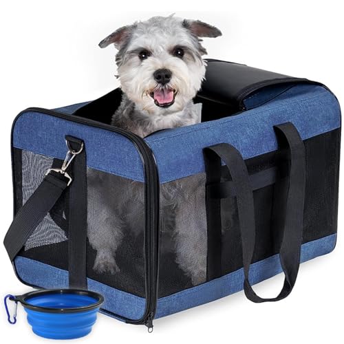 RUYICZB Hundebox Faltbar Kleine Hunde Transportbox Katzenbox Hundetragetasche Transporttasche Katzentasche Für Hund, Katzen, Airline Zugelassen, Reisefreundliche Transporttasche,Blau,M von RUYICZB