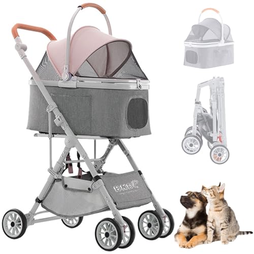 RUYICZB Hundebuggy, Haustier Kinderwagen, Faltbar Reise Haustier Kinderwagen, Verstärktem Aluminiumrahmen Abnehmbar Transportwanne 3 in 1 Hundewagen Für Katzen Und Hunde,Pink Gray von RUYICZB