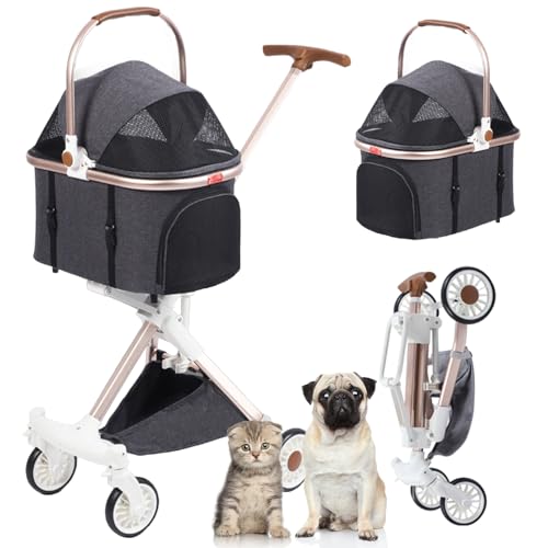 RUYICZB Hundebuggy, Klappbarer Hundewagen, Kinderwagen Hunde Faltbar Haustier Kleine Hunde Katzen Buggy Mit Aufbewahrungskorb Leicht Zu Gehender Abnehmbare Tragbare Hundetrolley,Dark Gray von RUYICZB