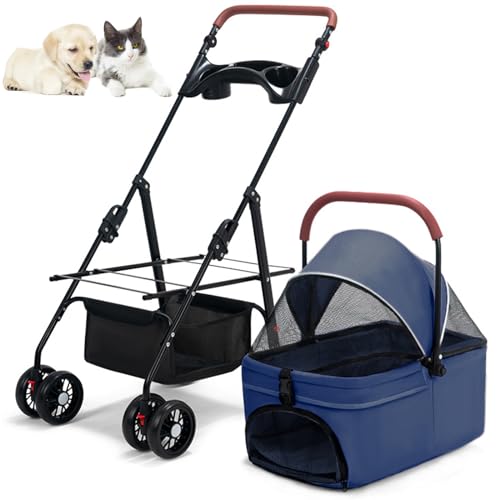 RUYICZB Hundebuggy Bis 15 Kg Klappbar, Hundewagen 2In1 Hunde Kinderwagen Hundebox Transporttasche Faltbar Haustiere Buggy Mit Netzfenstern Jogger Katzenbuggy Für Kleine Hunde Katzen,Blau von RUYICZB