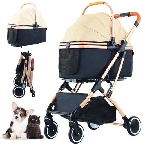 RUYICZB Hundebuggy Faltbar, 2 in 1 Hundewagen Mit Abnehmbarer Reisesitz Haustier Kinderwagen Hundebox Klappbar, Haustiere Buggy Hundetrolley Für Kleine Hunde Und Katzen Unter 15 Kg,Khaki von RUYICZB