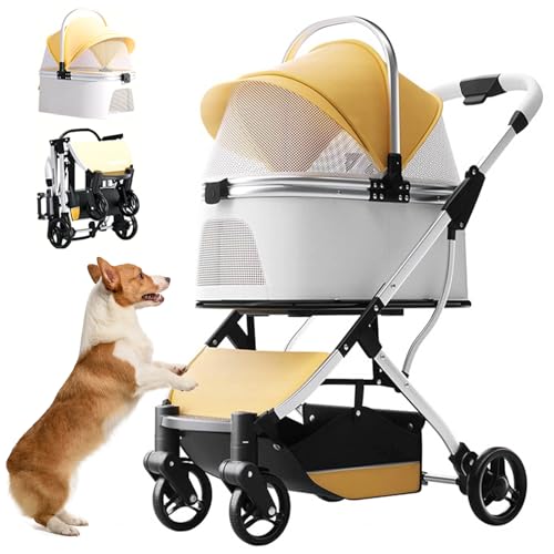 RUYICZB Hundebuggy Faltbar, 3 in 1 Hundewagen Mit Abnehmbarer Reisesitz Aufbewahrungskorb Haustier Kinderwagen Hundebox Klappbar, Haustiere Buggy Für Kleine Hunde Und Katzen Unter 15 Kg,Gelb von RUYICZB