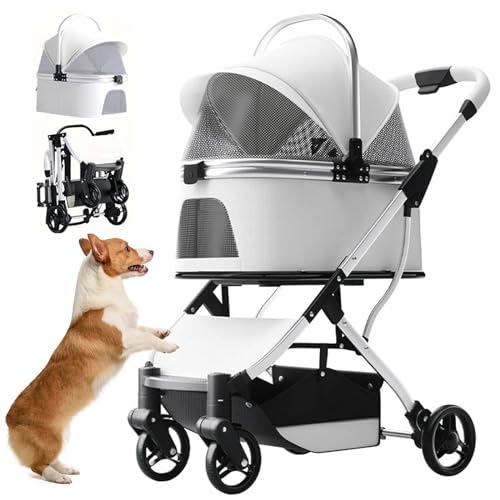 RUYICZB Hundebuggy Faltbar, 3 in 1 Hundewagen Mit Abnehmbarer Reisesitz Aufbewahrungskorb Haustier Kinderwagen Hundebox Klappbar, Haustiere Buggy Für Kleine Hunde Und Katzen Unter 15 Kg,Grau von RUYICZB