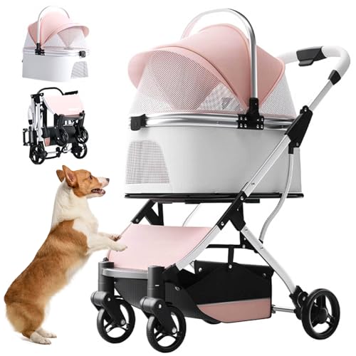 RUYICZB Hundebuggy Faltbar, 3 in 1 Hundewagen Mit Abnehmbarer Reisesitz Aufbewahrungskorb Haustier Kinderwagen Hundebox Klappbar, Haustiere Buggy Für Kleine Hunde Und Katzen Unter 15 Kg,Rosa von RUYICZB