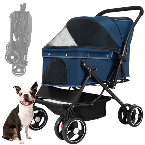 RUYICZB Hundebuggy Faltbar, Hundebox Transporttasche Klappbar Bis 25Kg, Hunde Haustier Buggy Pet Stroller Roadster Für Kleine Hunde Katzen Mit Aufbewahrungskorb, Sonnenschutz, Netzfenster,Blau von RUYICZB