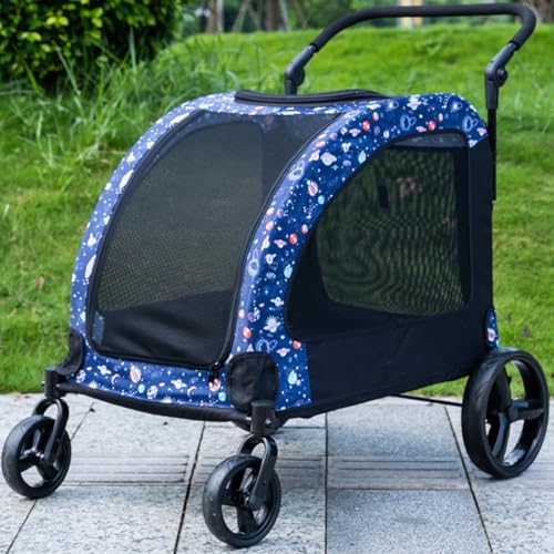 RUYICZB Hundebuggy Hundewagen 50Kg Tragfähigkeit Klappbar Hundetrolley 600D Oxford-Gewebe Nylon-Netzfenster 4 Eva-Räder Hundebox Tierbuggy Katzenbuggy Haustier Transport,Blau von RUYICZB