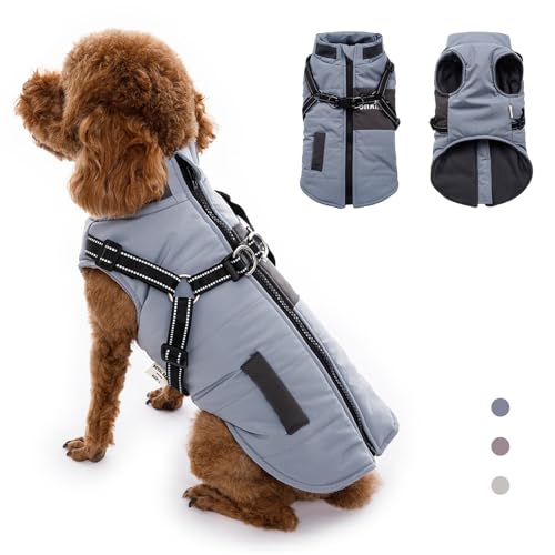 RUYICZB Hundejacke Mit Geschirr, Wasserdichter Warmer Hund Wintermantel Für Kleine Mittel Große Hunde, Warme Hundemantel Für Labrador Chihuahua Französische Bulldogge,Blau,L Chest 17.3" von RUYICZB