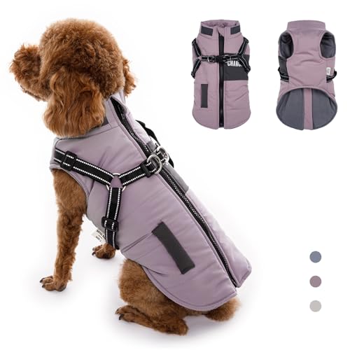 RUYICZB Hundejacke Mit Geschirr, Wasserdichter Warmer Hund Wintermantel Für Kleine Mittel Große Hunde, Warme Hundemantel Für Labrador Chihuahua Französische Bulldogge,Lila,L Chest 17.3" von RUYICZB