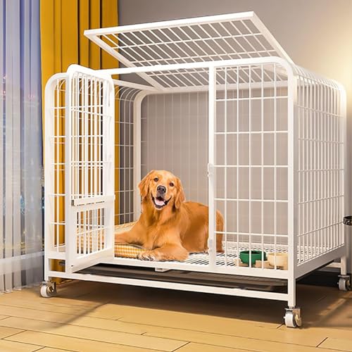 RUYICZB Hundekäfig Für Zuhause Große Mittelgrosse Hunde Transportbox Metall Transportkäfig Dog Crate Mit Rädern 2 Abschließbare Türen Und Abnehmbares Tablett,Weiß,43.3" Lx28.3 Wx37.4 H von RUYICZB