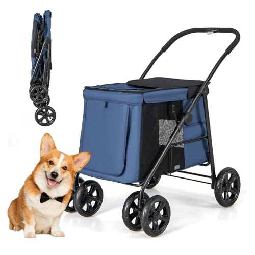 RUYICZB Hundekäfig-Jogger-Kinderwagen, EIN-klick-Klappdesign für Haustiere mit 4 Rädern und atmungsaktivem Netzgewebe, Hundebuggy,Blau von RUYICZB