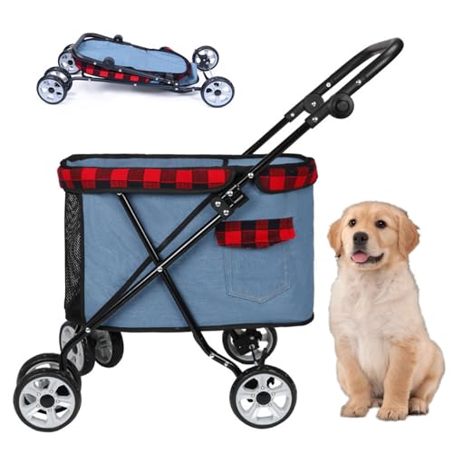 RUYICZB Hundekäfig-Jogger-Kinderwagen, Hundebuggy mit atmungsaktivem und sichtbarem Netz, zusammenklappbarer Haustier-Kinderwagen mit 4 Rädern,Light Blue von RUYICZB