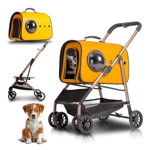 RUYICZB Hundekäfig-Jogger-Kinderwagen für kleine/mittelgroße Hunde, Faltbarer Haustier-Kinderwagen mit Abnehmbarer Trage und Aufbewahrungskorb,Gelb von RUYICZB