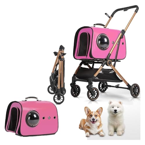 RUYICZB Hundekäfig-Jogger-Kinderwagen für kleine/mittelgroße Hunde, Faltbarer Haustier-Kinderwagen mit Abnehmbarer Trage und Aufbewahrungskorb,Rosa von RUYICZB