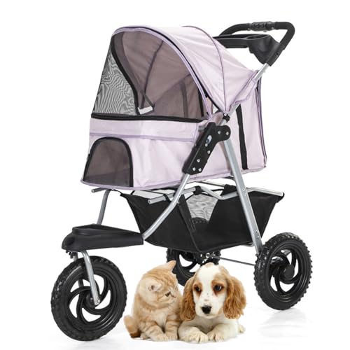 RUYICZB Hundekinderwagen mit 3 großen Rädern, Faltbarer Reisekinderwagen für Hunde mit Aufbewahrungskorb, Reisekinderwagen für Welpen mit Netzdach und Getränkehaltern,Rosa von RUYICZB