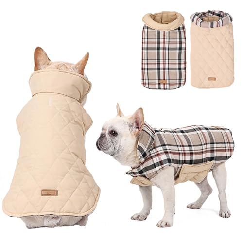 RUYICZB Hundemantel Winter, Hundejacke Für Kleine Mittlere Große Hunde, Hundemantel Wasserdicht Und Warm, Outdoor Hundemantel Mit Geschirr Loch Karierte Wendejacke,Beige,3XL von RUYICZB