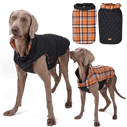 RUYICZB Hundemantel Winter, Hundejacke Für Kleine Mittlere Große Hunde, Hundemantel Wasserdicht Und Warm, Outdoor Hundemantel Mit Geschirr Loch Karierte Wendejacke,Orange,3XL von RUYICZB