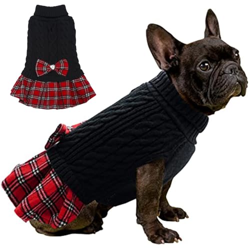 RUYICZB Hundepullover für kleine Hunde mit Bowtie Rollkragen gestrickte Hundekleid Haustier Hund Winterkleidung Warmer Pullover für Chihuahua, Bulldog, Dackel, Mops, Yorkie,Schwarz,M von RUYICZB