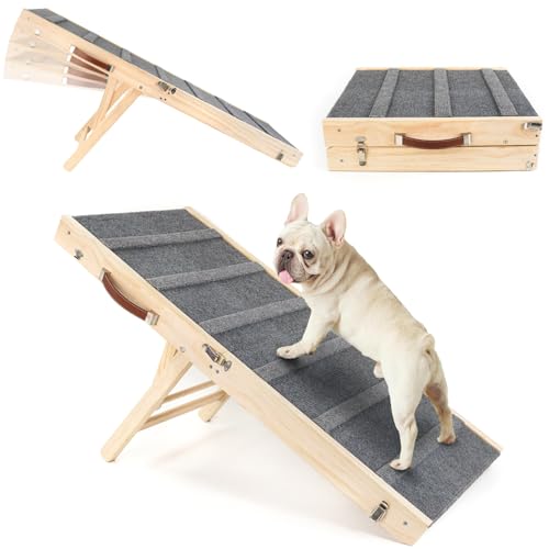 RUYICZB Hunderampe Für Kleine Hunde Und Älteren, Haustiertreppe Katzen Rampe Hundetreppe 4 Höhenverstellbare Mit Rutschfester Trittmatte, Hölzerne Haustierrampe Klappbar Für Bett Sofa,120 * 43cm von RUYICZB