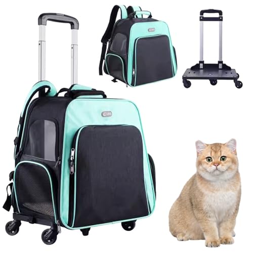 RUYICZB Hunderucksack Bis 10Kg, Hundetrolley Katzentransportbox, Katzen Rucksack Mit 4 Rädern, Reisetasche Mit Rollen Für Hunde Katzen, Atmungsaktive Haustier-Reisetrage,Sky Blue von RUYICZB