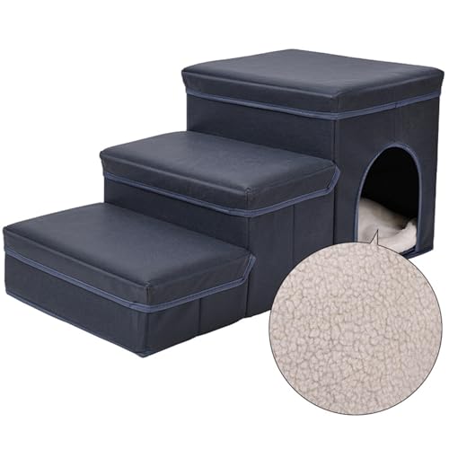 RUYICZB Hundetreppe Für Hochbett Und Couch, 3 Stufen Faltbare Haustiertreppe Für Katzen & Kleine Und Mittlere Hunde, Verstellbare Hundetreppe Mit Aufbewahrungsboxen/Zwinger,Blau,Lamb von RUYICZB