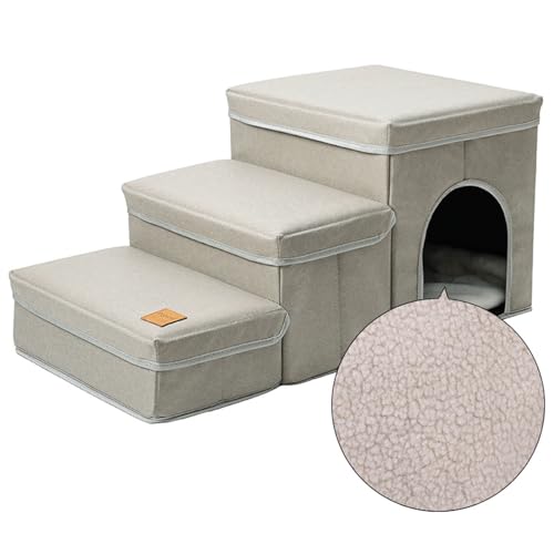 RUYICZB Hundetreppe Für Hochbett Und Couch, 3 Stufen Faltbare Haustiertreppe Für Katzen & Kleine Und Mittlere Hunde, Verstellbare Hundetreppe Mit Aufbewahrungsboxen/Zwinger,Grün,Lamb von RUYICZB