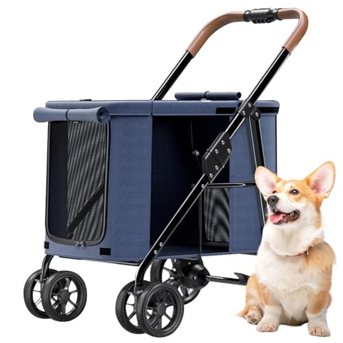 RUYICZB Hundewagen, Faltbarer Hundebuggy, Hundetrolley Mit Kissen, Katzenbuggy Bis 30Kg, Katzenwagen Für Große Und Mittelgroße Hunde Mit Seitentaschen, Netzfenster, Oxford-Gewebe,Blau von RUYICZB