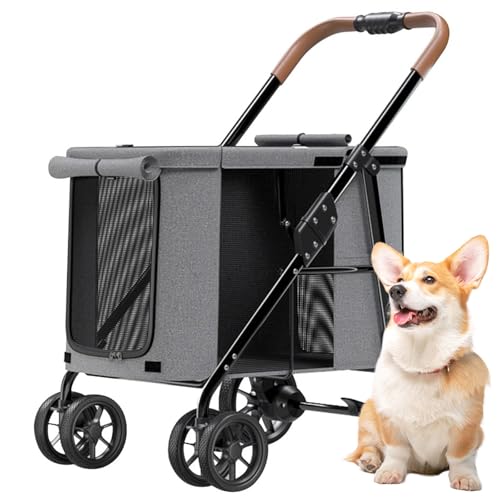 RUYICZB Hundewagen, Faltbarer Hundebuggy, Hundetrolley Mit Kissen, Katzenbuggy Bis 30Kg, Katzenwagen Für Große Und Mittelgroße Hunde Mit Seitentaschen, Netzfenster, Oxford-Gewebe,Grau von RUYICZB