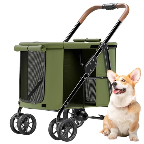 RUYICZB Hundewagen, Faltbarer Hundebuggy, Hundetrolley Mit Kissen, Katzenbuggy Bis 30Kg, Katzenwagen Für Große Und Mittelgroße Hunde Mit Seitentaschen, Netzfenster, Oxford-Gewebe,Grün von RUYICZB