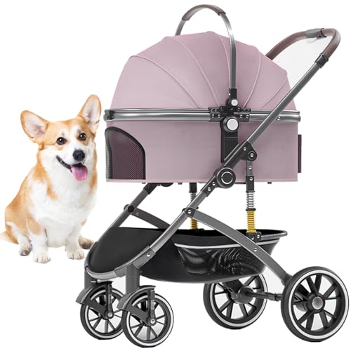 RUYICZB Hundewagen 2In1 Hundebuggy Hundebox Transporttasche Faltbar Klappbar Bis 20 Kg Haustiere Buggy Kinderwagen Mit Aufbewahrungskorb Jogger Katzenbuggy Für Kleine Hunde Katzen,Rosa von RUYICZB