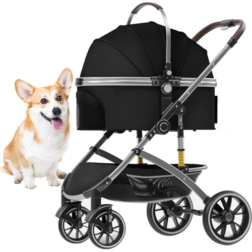 RUYICZB Hundewagen 2In1 Hundebuggy Hundebox Transporttasche Faltbar Klappbar Bis 20 Kg Haustiere Buggy Kinderwagen Mit Aufbewahrungskorb Jogger Katzenbuggy Für Kleine Hunde Katzen,Schwarz von RUYICZB