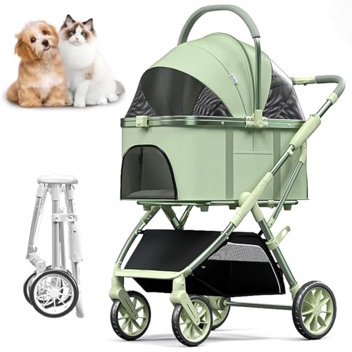 RUYICZB Hundewagen 3In1 Hundebuggy Bis 20Kg Hundebox Transporttasche 360° Große Räder Faltbar Klappbar Haustiere Buggy Netzfenstern & Ablagekorb Jogger Katzenbuggy Für Kleine Hunde Katzen,Grün von RUYICZB