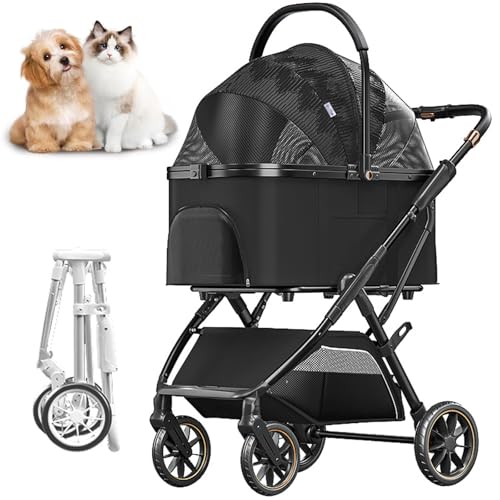 RUYICZB Hundewagen 3In1 Hundebuggy Bis 20Kg Hundebox Transporttasche 360° Große Räder Faltbar Klappbar Haustiere Buggy Netzfenstern & Ablagekorb Jogger Katzenbuggy Für Kleine Hunde Katzen,Schwarz von RUYICZB