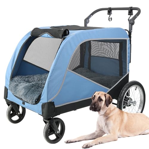 RUYICZB Hundewagen Bis 60KG, Hundebuggy Mit Kissen, Hundebox Transporttasche Faltbar Klappbar Haustiere Buggy Jogger Katzenbuggy Mit Netzfenstern & Regenschutzabdeckung Für Große Hunde Katzen,Blau von RUYICZB