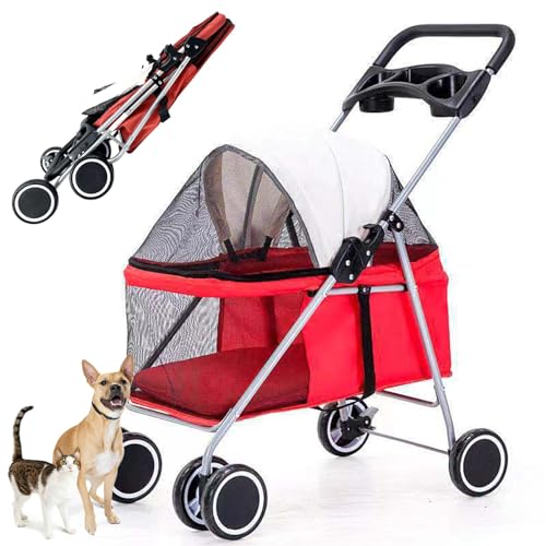 RUYICZB Hundewagen Faltbarer Hundebuggy Hundebox Transporttasche Bis 15 Kg Haustier Buggy Mit Netzfenstern & Getränkehalter Haustier Transportwagen Hunde Jogger Buggy Katzen Wagen,Rot von RUYICZB