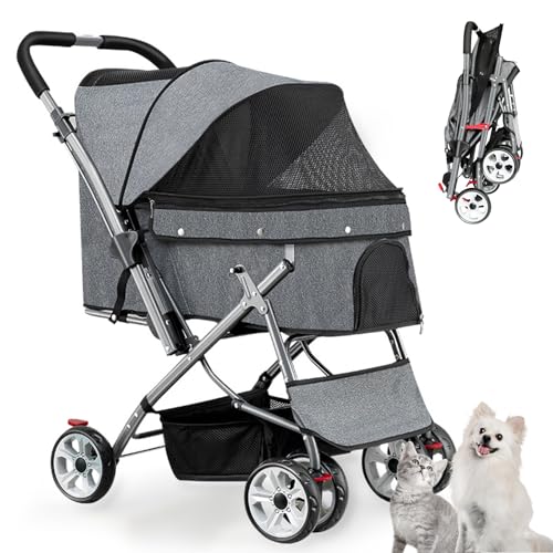 RUYICZB Hundewagen Faltbarer Hundebuggy Hundebox Transporttasche Haustier Kinderwagen Leicht Hunde Jogger Buggy Katzen Wagen Mit Aufbewahrungskorb, Netzfenstern, 4 Rädern von RUYICZB