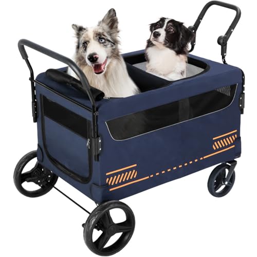 RUYICZB Hundewagen Große Hunde Hundebuggy Bis 80Kg Faltbar Klappbar Haustiere Buggy Katzenwagen Für 2 Große Und Mittelgroße Hunde Schwenkbares 360° Vorderrad, Hinterradbremsen,Blau von RUYICZB