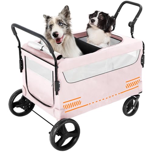 RUYICZB Hundewagen Große Hunde Hundebuggy Bis 80Kg Faltbar Klappbar Haustiere Buggy Katzenwagen Für 2 Große Und Mittelgroße Hunde Schwenkbares 360° Vorderrad, Hinterradbremsen,Rosa von RUYICZB