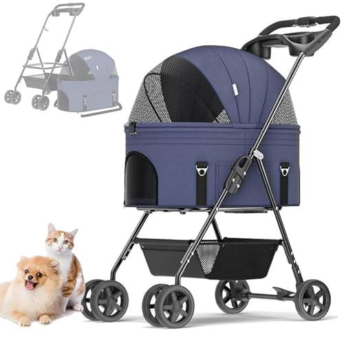 RUYICZB Hundewagen Haustiere Buggy Bis 17Kg, Hundebuggy Mit Aufbewahrungskorb, Faltbarer Hundetrolley, 360° Vorderrad, Hinterrad Mit Bremse, Abnehmbarem Katzenbuggy Für Kleine Hunde Katzen,Blau von RUYICZB