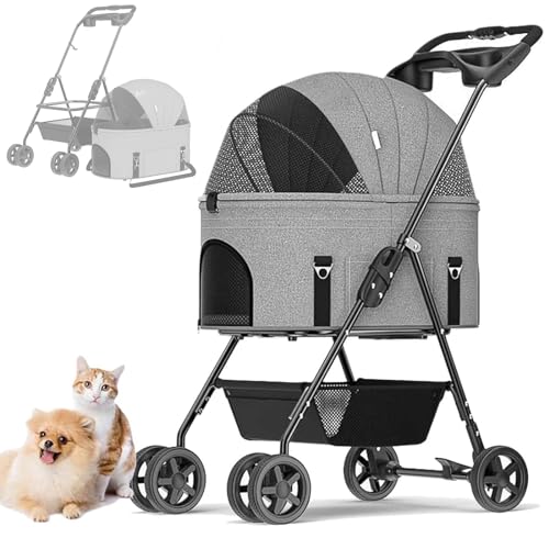 RUYICZB Hundewagen Haustiere Buggy Bis 17Kg, Hundebuggy Mit Aufbewahrungskorb, Faltbarer Hundetrolley, 360° Vorderrad, Hinterrad Mit Bremse, Abnehmbarem Katzenbuggy Für Kleine Hunde Katzen,Grau von RUYICZB